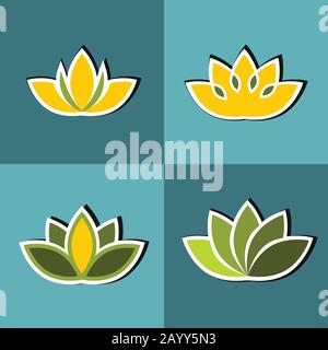 Color flat flowers with white stroke on blue background. Floral element set. Vector illustration Stock Vector