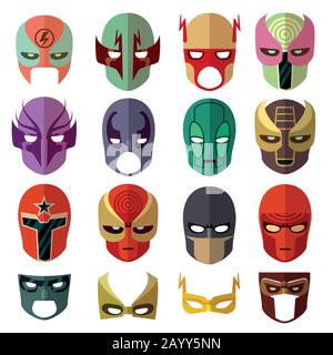 Hero mask characters vector flat icons. Hero cartoon mask and color avatar mask set illustration Stock Vector