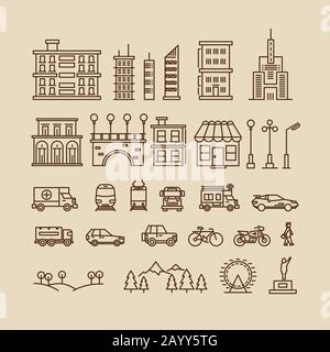 Line elements of city. Buildings and houses, trees and transport icons for city map or cityscape. Vector illustration Stock Vector