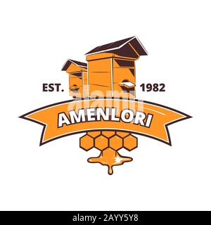 Retro beekeeper, honey vector label, badge emblem and logo. Symbol farm flat illustration Stock Vector