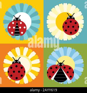 Ladybugs in flower in flat style isolated on color background. Vector illustration Stock Vector