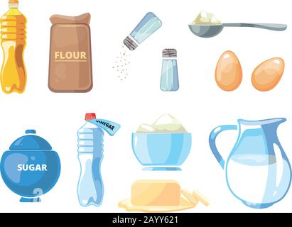 Cartoon food baking and cooking vector ingredients. Cooking ingredient sugar and flour, illustration cooking with milk and egg Stock Vector