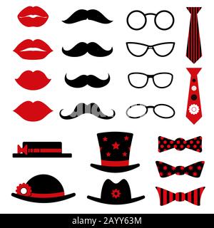 Photo booth birthday and party vector set with lips, mustaches, glasses, hats and bow tie. Photo booth for masquerade, mustache and glasses photo booth accessory illustration Stock Vector