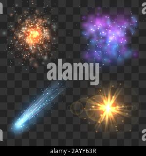 Space cosmos objects, comet, meteor, stars explosion on transparence checkered background. Universe explosion or fly star, meteor light and asteroid in universe. Vector illustration Stock Vector