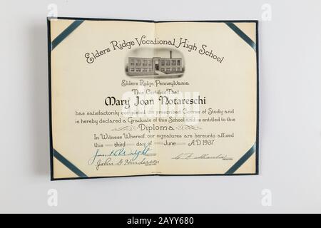 1937 Elders Ridge Vocational High School Diploma, USA Stock Photo