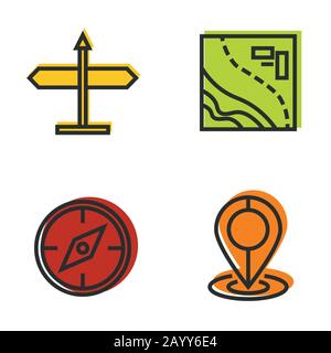 Road tourist line icons. Compass and map isolated on white background. Vector illustration