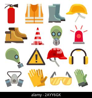 Safety work flat vector icons set. Workwear for safety, shoe and glove safety clothing, helmet and extinguisher illustration Stock Vector