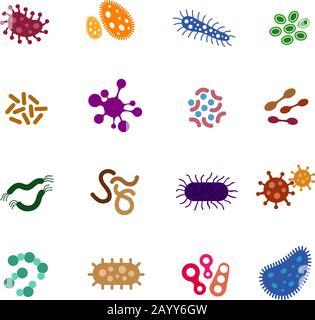 Virus, bacteria and biology microorganisms flat icons. Infectious bacteria and virus vector signs Stock Vector