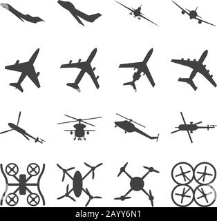 Aircrafts, helicopters, drones black vector icons. Set of aircraft quadrocopte and helicopter. Military aircraft illustration Stock Vector