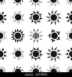 Suns in the sky seamless pattern. Monochrome background with sun, vector illustration Stock Vector
