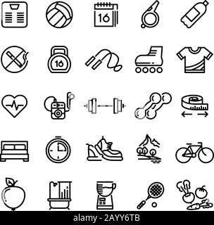 Fitness health sport vector outline icons. Dumbbell and bike for training, stopwatch and calenda in linear style Stock Vector