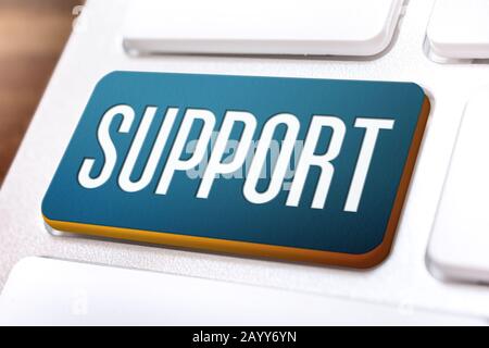 Blue Support Button On A White Keyboard, Need Help Concept Stock Photo