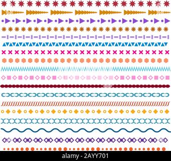 Colored vector line borders, scribble design elements, geometric pattern brushes set Stock Vector