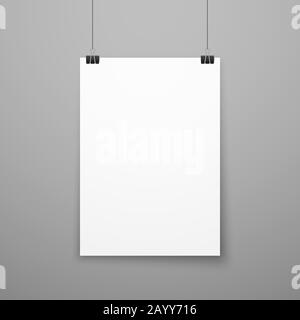 Realistic blank white paper poster hanging on wall vector mockup. Template page of banner for exhibition illustration Stock Vector