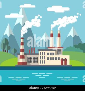 Industrial factory flat ecology vector concept background. Environmental protection. Ecology environment and factory power, pollution factore to nature illustration Stock Vector