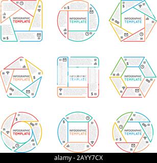 Thin line infographics vector elements for business presentation with options parts steps and processes. Illustration charts in form hexagon, pentagon and square Stock Vector