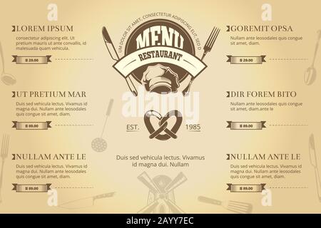 Restaurant or cafe menu brochure vector template. Vintage creative design for restaurant menu with chef hat, fork and knife Stock Vector