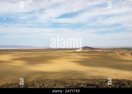 The Black Mountains are several smaller mountains in the Gobi Desert near Bulgan in southern Mongolia where petroglyphs can be found. Stock Photo