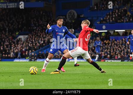 London, UK. 17th Feb, 2020.  Brandon Williams of Manchester United battles for possession with Reece James of Chelsea FC during the Premier League match between Chelsea and Manchester United at Stamford Bridge, London on Monday 17th February 2020. (Credit: Ivan Yordanov | MI News) Photograph may only be used for newspaper and/or magazine editorial purposes, license required for commercial use Credit: MI News & Sport /Alamy Live News Stock Photo