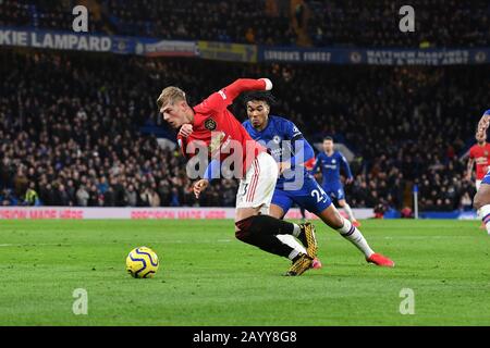 London, UK. 17th Feb, 2020.  Brandon Williams of Manchester United battles for possession with Reece James of Chelsea FC during the Premier League match between Chelsea and Manchester United at Stamford Bridge, London on Monday 17th February 2020. (Credit: Ivan Yordanov | MI News) Photograph may only be used for newspaper and/or magazine editorial purposes, license required for commercial use Credit: MI News & Sport /Alamy Live News Stock Photo