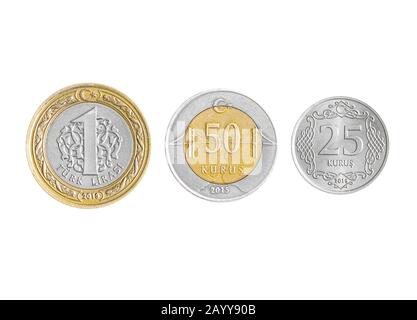 Turkish Lira coins collection set isolated on white background. Stock Photo
