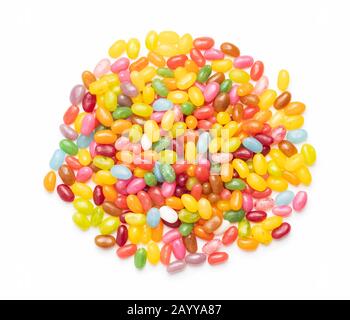 Fruity jellybeans. Tasty colorful jelly beans isolated on white background. Stock Photo