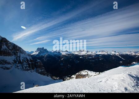 Dolomities Dolomiti Italy in wintertime beautiful alps winter mountains and ski slope Cortina d'Ampezzo Faloria skiing resort area Stock Photo