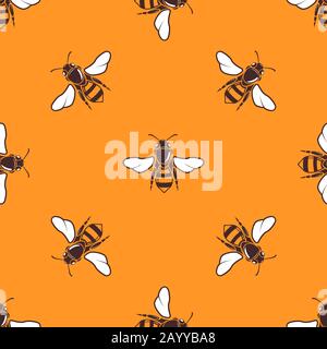 Flying bees vector seamless pattern in bright orange. Background summer template illustration Stock Vector