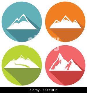 Mountain flat icons with long shadow. Extreme travel icons, vector illustration Stock Vector
