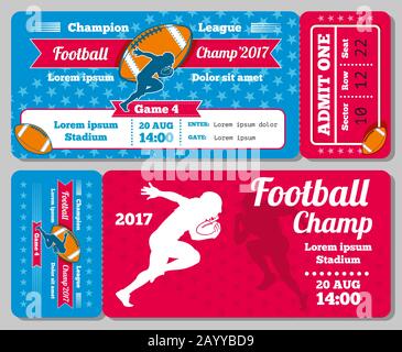 Rugby, football sports ticket card vector retro design. Ticket to play game rugby. Championship match rugby tournament illustration Stock Vector