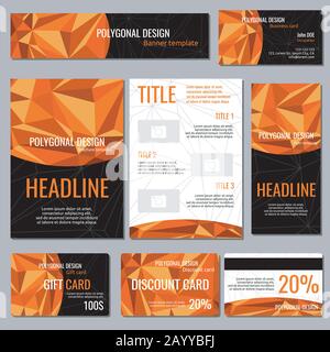 Flyers banners brochures and cards with orange polygonal elements corporate identity vector template. Poster and booklet with polygon element illustration Stock Vector
