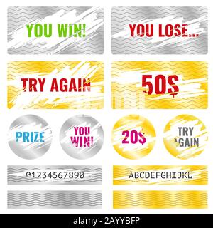 Scratch card game, scratch and win lottery vector elements. Lottery luck or lose, coupon chance win and card template lottery illustration Stock Vector