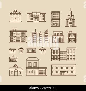 Buildings line thin vector icons. Building construction, architecture urban building structure illustration Stock Vector