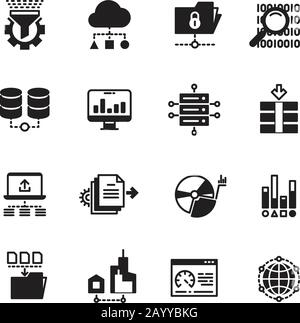 Big data database analytics and cloud computing information technology digital processing icon set. Vector illustration Stock Vector