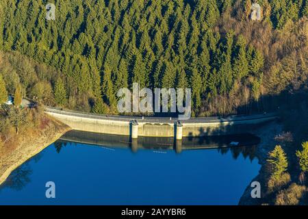 aerial photo, Glörtalsperre, Glör, dam, low water, Breckerfeld, Ruhr area, North Rhine-Westphalia, Germany, DE, Europe, birds-eyes view, aerial photo, Stock Photo