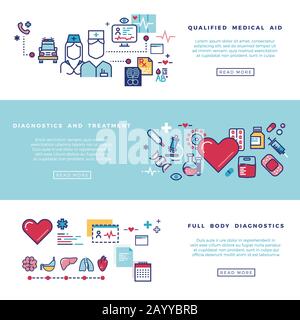 Healthcare, medical services vector banners set. Qualified aid, diagnostics and treatment illustration Stock Vector