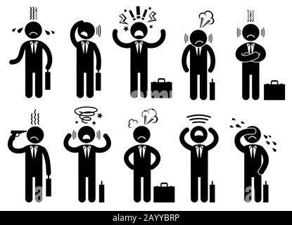 Businessman stress pressure, business mental issues, concept vector icons with pictogram people characters. Pressure mental and depression, business mental pressure illustration Stock Vector
