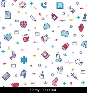 Medical healthcare vector seamless pattern with line medicine icons. Medical pattern with syringe and human organs, illustration of backdrop for medical hospital Stock Vector