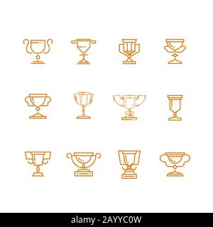 Trophy cup line vector icons set. Trophy award and win achievement cup prize. Sign success goblet or cup for champ illustration Stock Vector