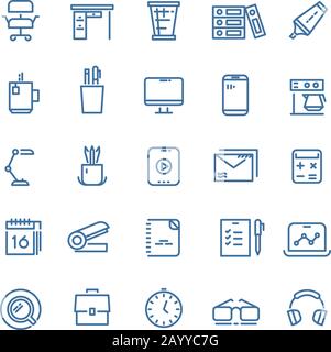 Office workspace thin line vector icons. Clock and office desk, calendar and briefcase linear icons for website and mobile app Stock Vector