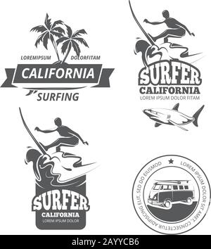 Surfing logo set. Vector surfing labels or surfing sport badges with palm trees and Stock Vector