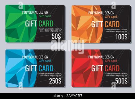 Gift discount cards vector. Set of gift cards with multicolor polygonal backgrounds, illustration of voucher with money gift Stock Vector
