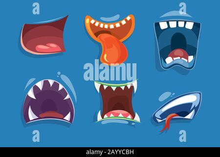 Cute monster mouths vector set. Monster expression funny, tongue and monster mouths with teeth illustration Stock Vector