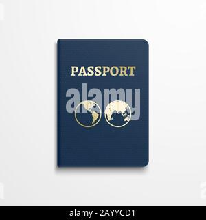 Passport with gold globe earth emblem on cover. Passport document for identification, isolated passport with sign earth. Vector illustration Stock Vector