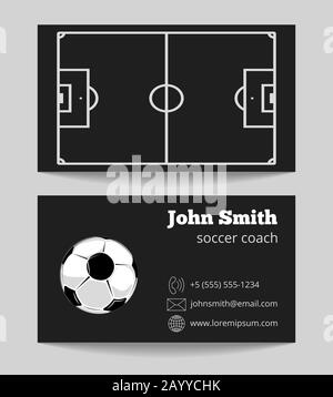 Soccer black business card. Template of card with ball. Vector illustration Stock Vector