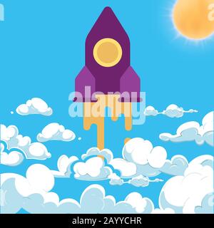Rocket and white clouds cartoon vector. Startup success above clouds concept Stock Vector