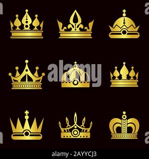 Golden crown set vector illustration on dark background Stock Vector