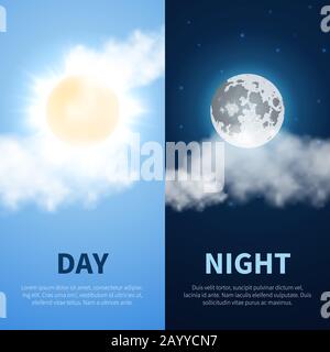 Day and night. Sky background with sun, clouds, moon and stars for ...