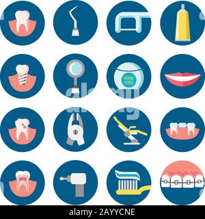 Dental clinic services flat vector icons. Health care dental and medicine tools for medical dental service illustration Stock Vector