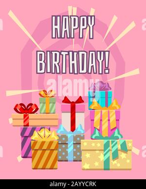 Happy birthday greeting card with a heap of gift boxes. Package gift to holiday, vector illustration Stock Vector